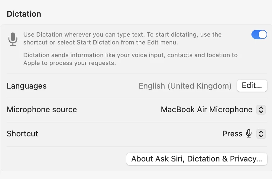 macOS Keyboard settings showing the Dictation section with enable toggle and shortcut key
